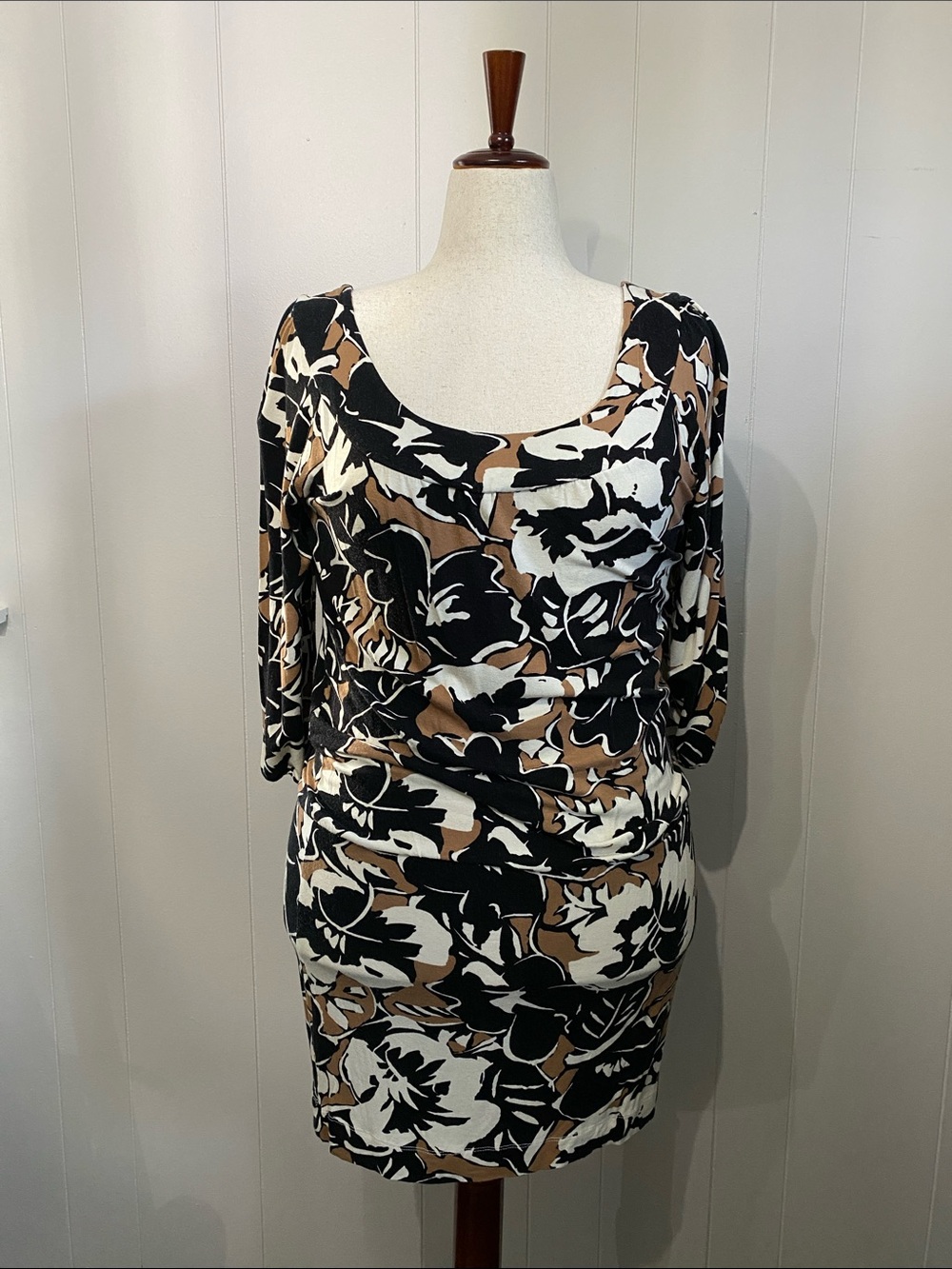 BCBGMaxAzria Black, White & Brown Floral Scoop-Neck Mini Dress